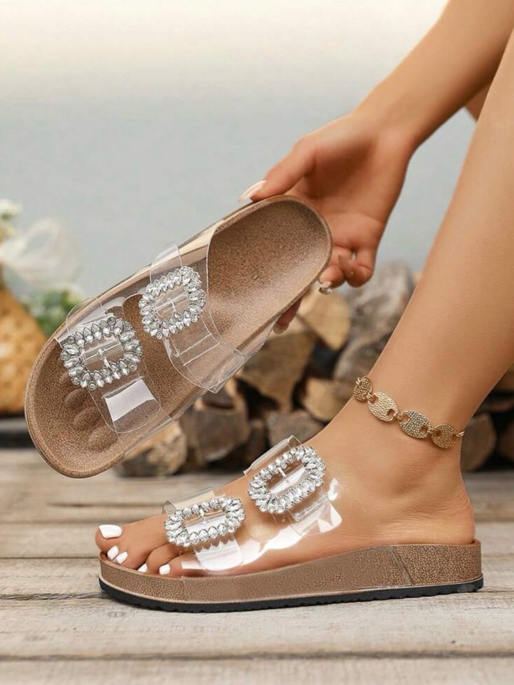 Clear Slide Sandals with Crystal Buckles in Tan - Women